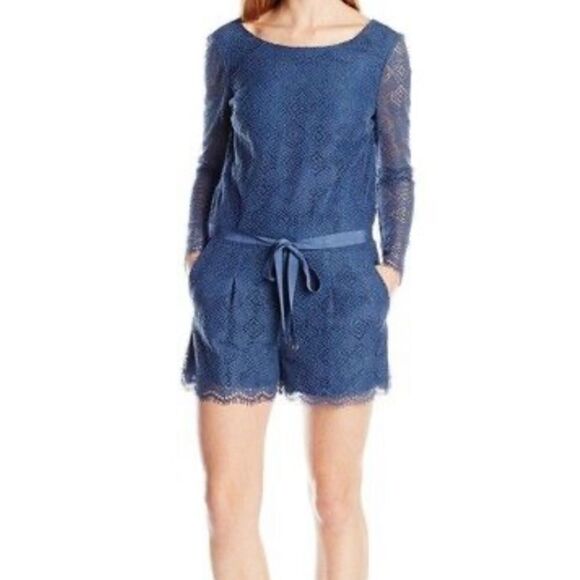 Juicy Couture Bardot Lace Romper In Deep Sea  Size 10 Belted w pockets - Picture 1 of 11